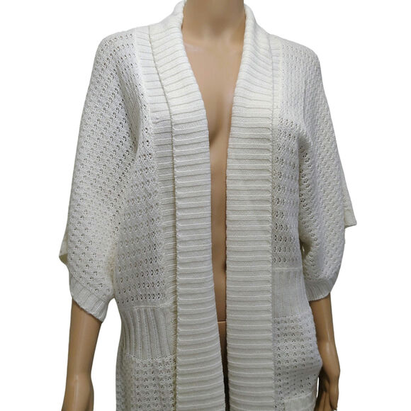 1990s Knit Wool Cardigan Cream Long Boho Open Front Short Sleeve Sweater Size L - Picture 3 of 10